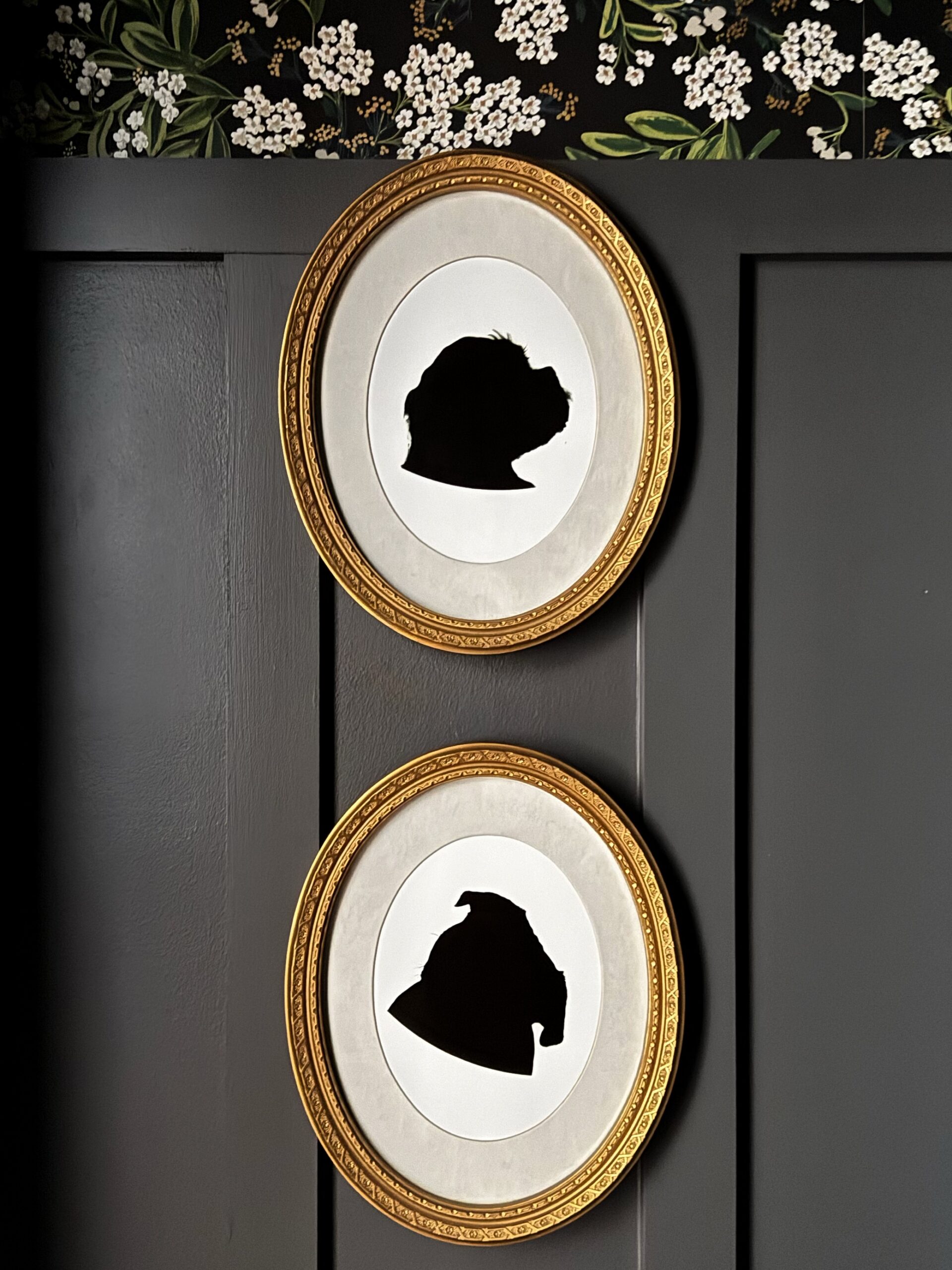 diy pet silhouettes in moody bathroom with black board and batten and floral wallpaper
